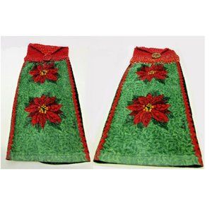 SET Christmas Crochet Topper Kitchen Towels, Button On Top, Red & Green NEW